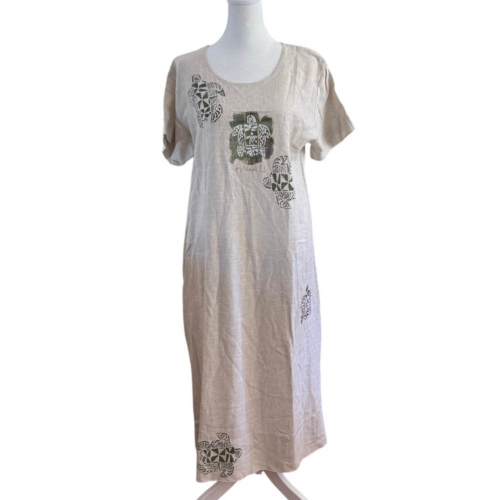 100% Linen Hawaii Sea Turtle Maxi Dress Tan Oatmeal Medium Made in the USA Boho